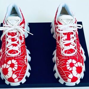 Prada Rare Lux Sneakers, Red w/White Flowers, Unisex Men’s US 9 EU 42 Xmas Gift